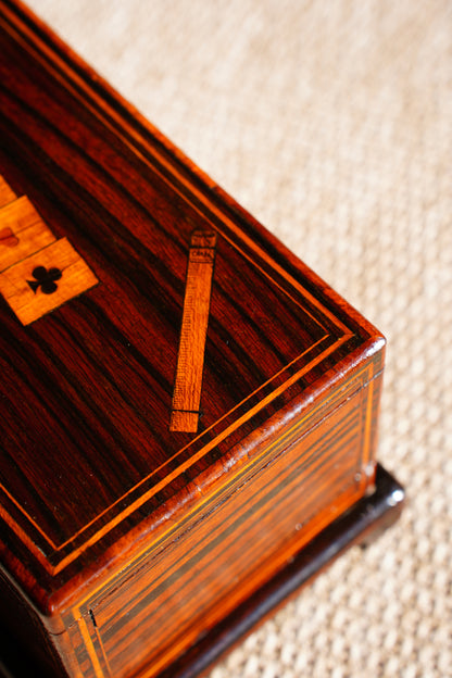 Antique Inlaid Wood Poker and Card Box with Card Suit Lid