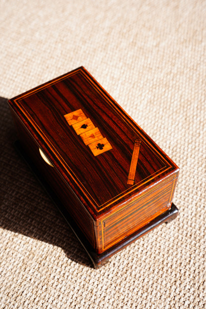 Antique Inlaid Wood Poker and Card Box with Card Suit Lid