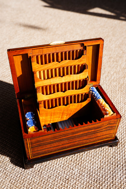 Antique Inlaid Wood Poker and Card Box with Card Suit Lid