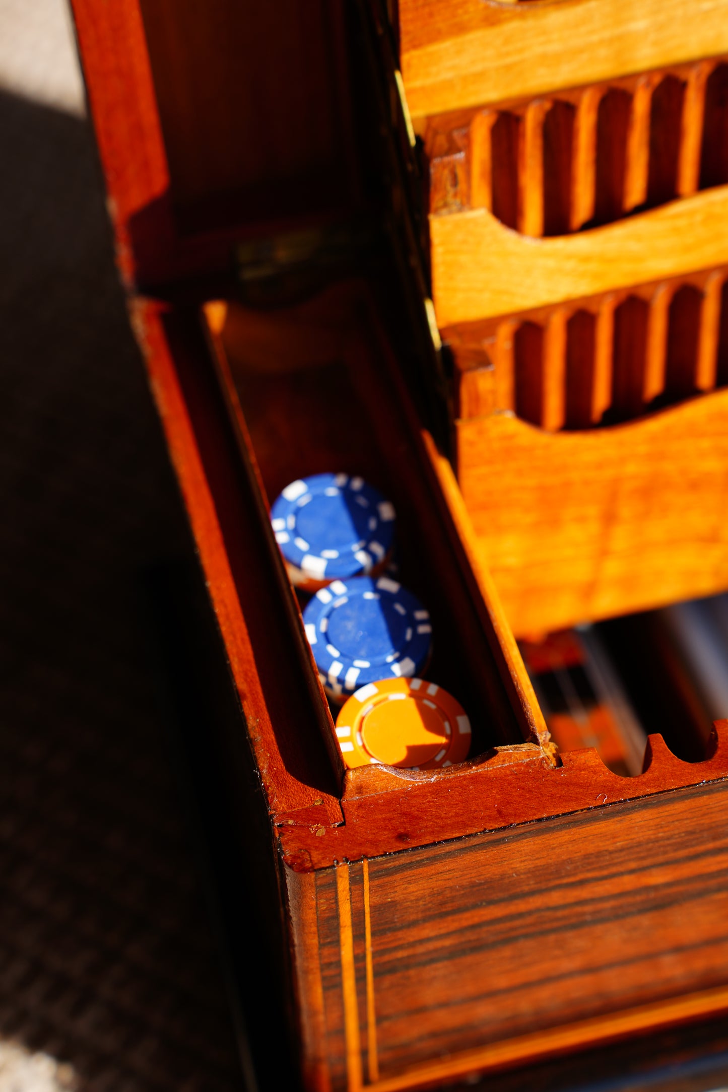 Antique Inlaid Wood Poker and Card Box with Card Suit Lid