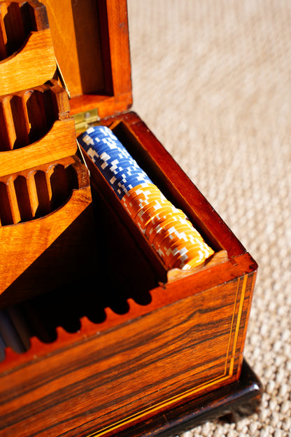 Antique Inlaid Wood Poker and Card Box with Card Suit Lid