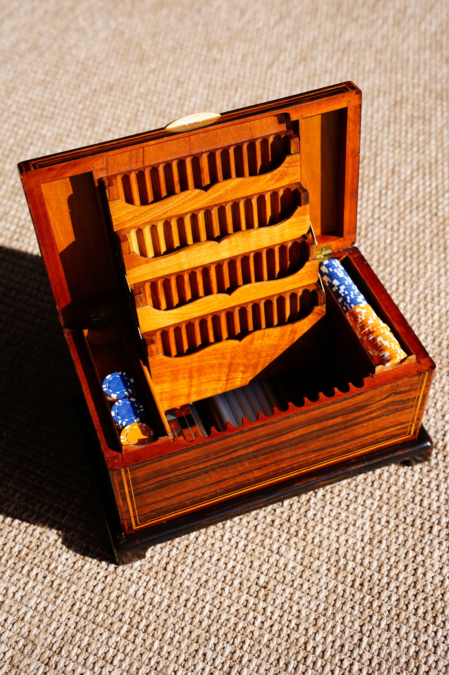 Antique Inlaid Wood Poker and Card Box with Card Suit Lid