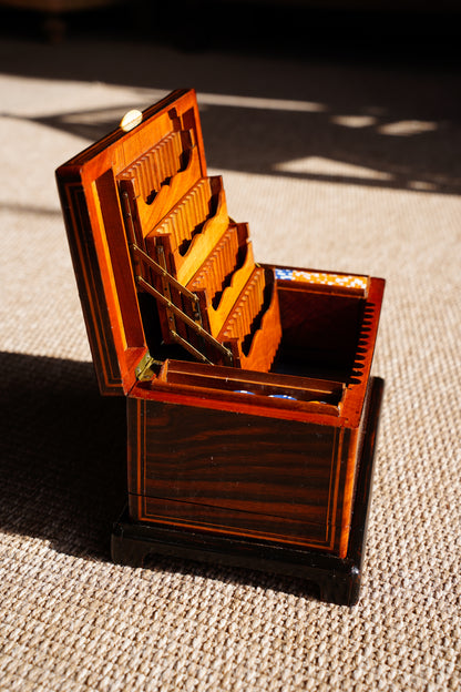 Antique Inlaid Wood Poker and Card Box with Card Suit Lid