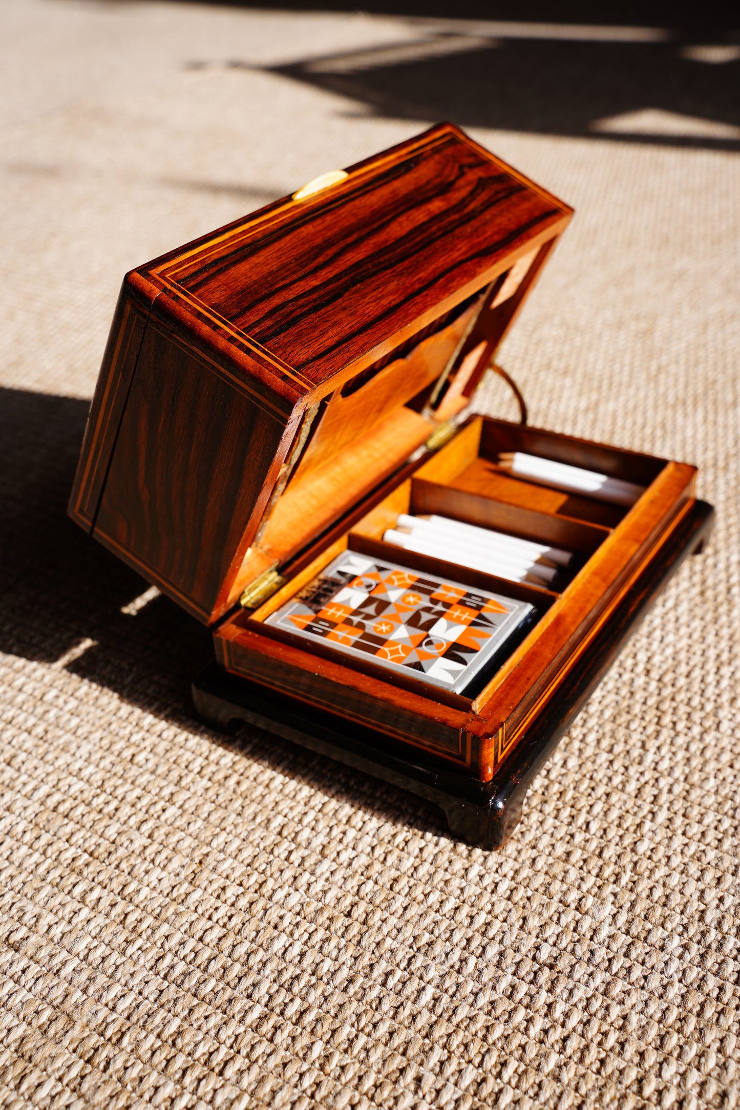 Antique Inlaid Wood Poker and Card Box with Card Suit Lid
