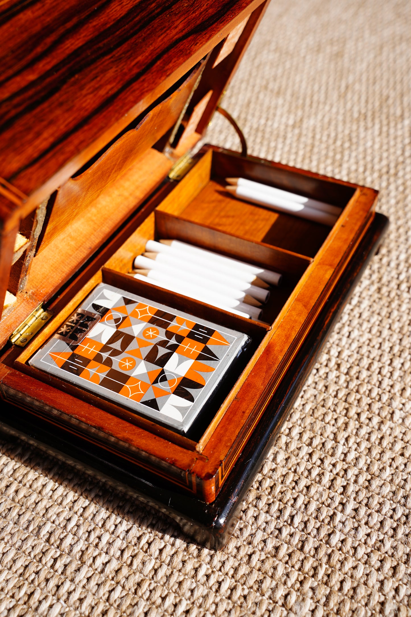 Antique Inlaid Wood Poker and Card Box with Card Suit Lid
