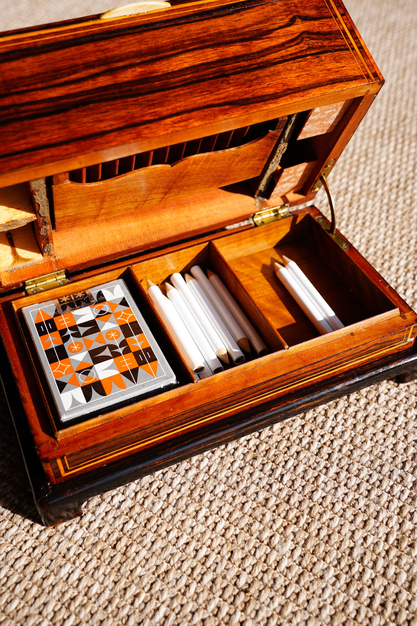 Antique Inlaid Wood Poker and Card Box with Card Suit Lid