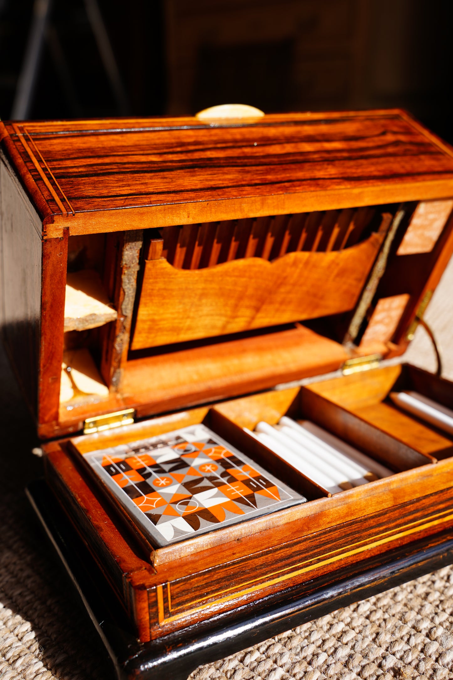 Antique Inlaid Wood Poker and Card Box with Card Suit Lid