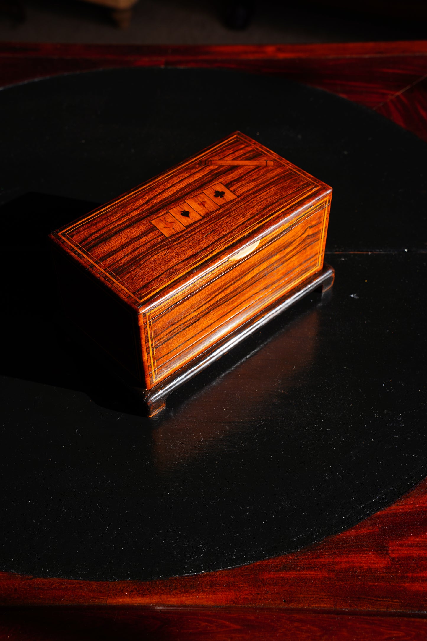 Antique Inlaid Wood Poker and Card Box with Card Suit Lid