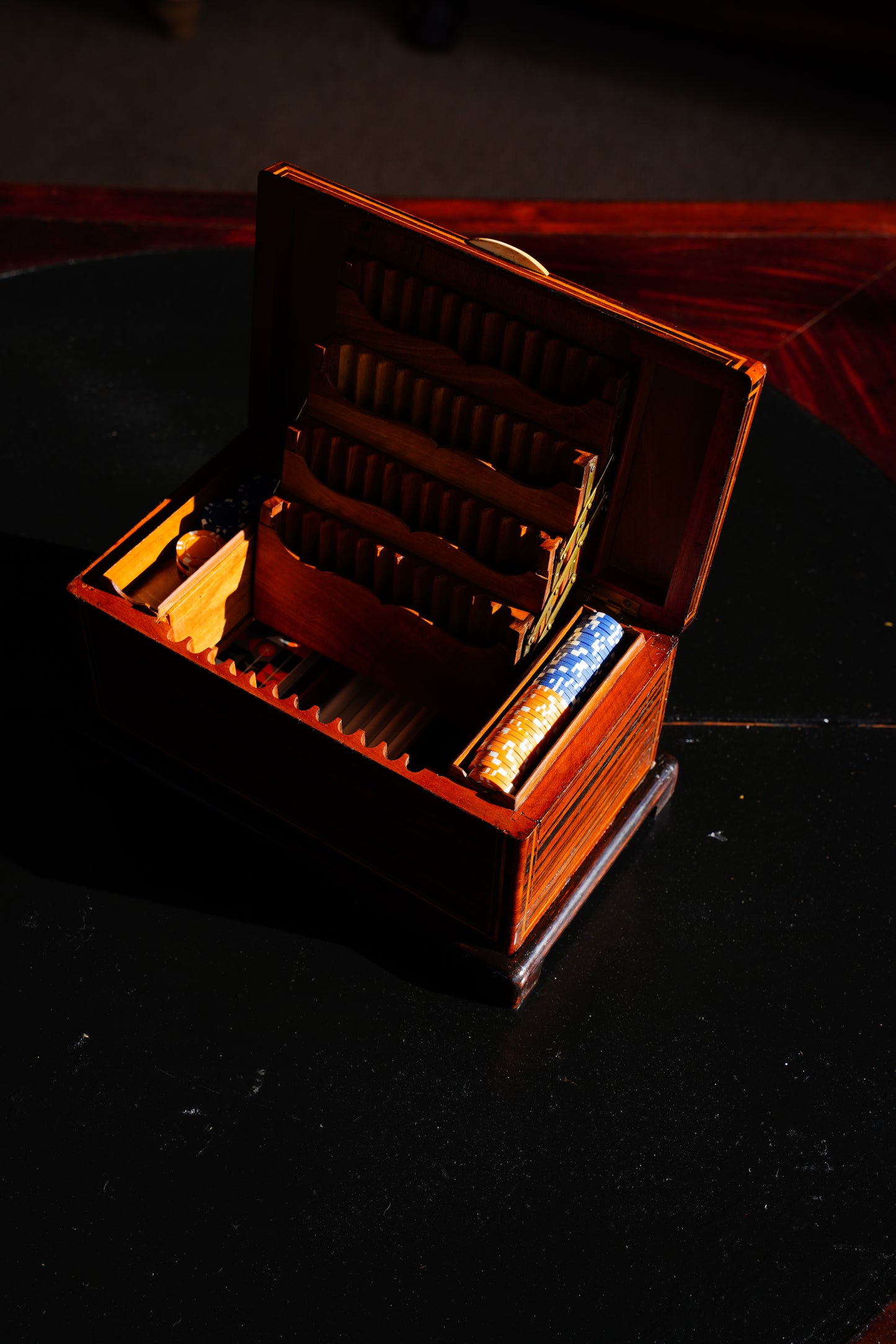 Antique Inlaid Wood Poker and Card Box with Card Suit Lid