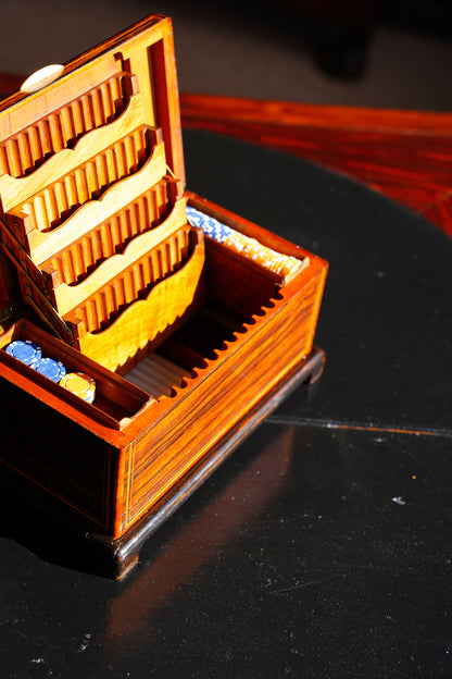 Antique Inlaid Wood Poker and Card Box with Card Suit Lid