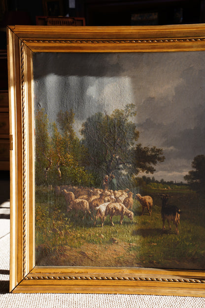 Antique French Sheep Painting Oil Painting, Circa 1880