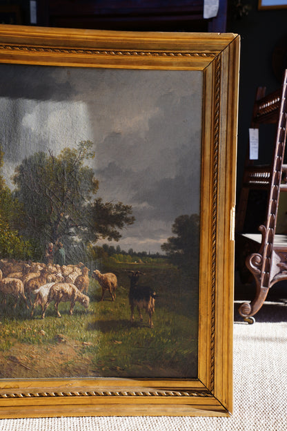 Antique French Sheep Painting Oil Painting, Circa 1880