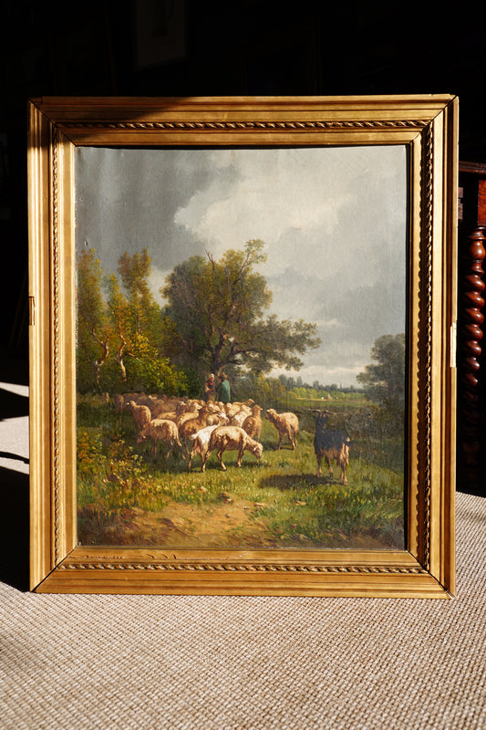 Antique French Sheep Painting Oil Painting, Circa 1880