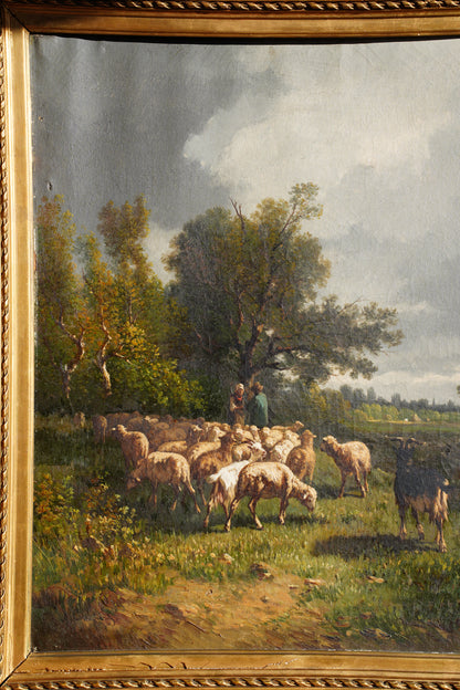 Antique French Sheep Painting Oil Painting, Circa 1880
