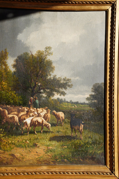 Antique French Sheep Painting Oil Painting, Circa 1880
