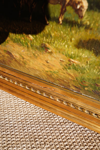 Antique French Sheep Painting Oil Painting, Circa 1880