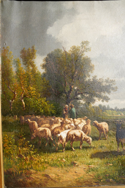 Antique French Sheep Painting Oil Painting, Circa 1880
