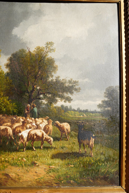 Antique French Sheep Painting Oil Painting, Circa 1880