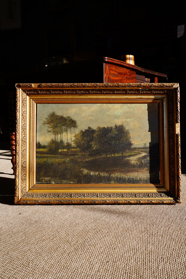 Antique European Moody River Landscape Oil Painting