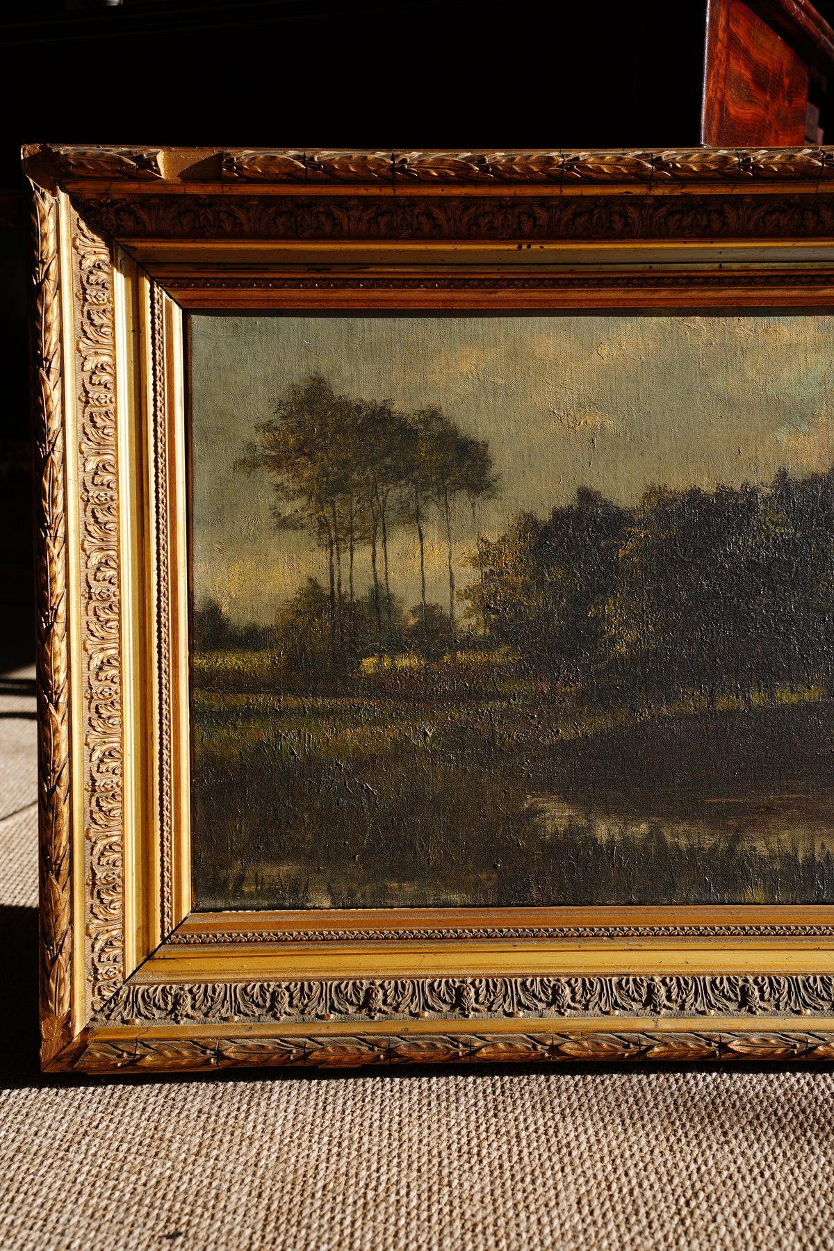 Antique European Moody River Landscape Oil Painting