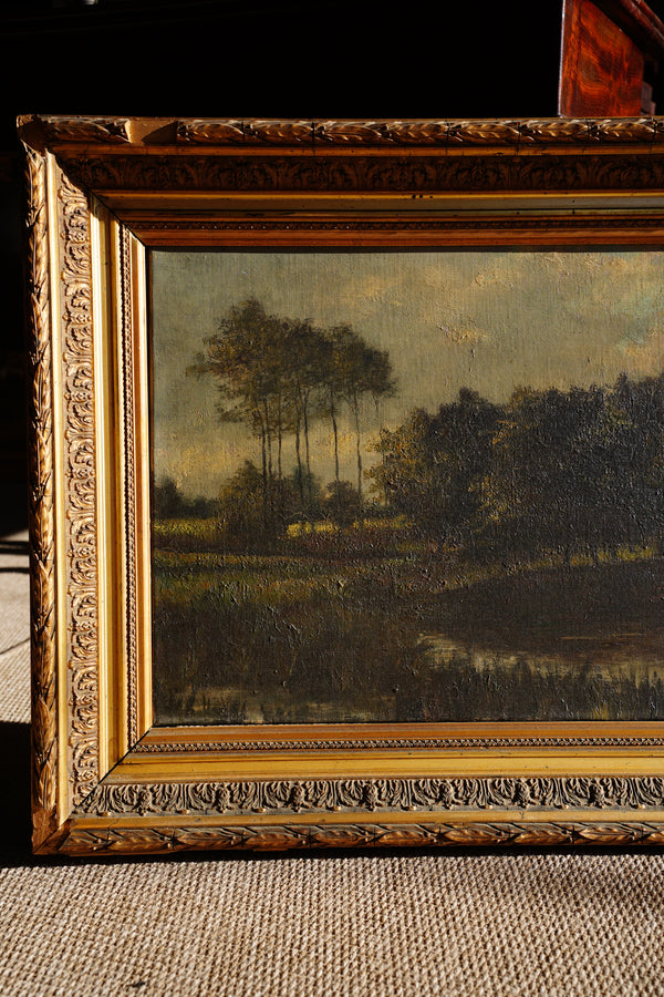 Antique European Moody River Landscape Oil Painting secondary view