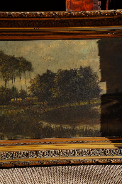 Antique European Moody River Landscape Oil Painting