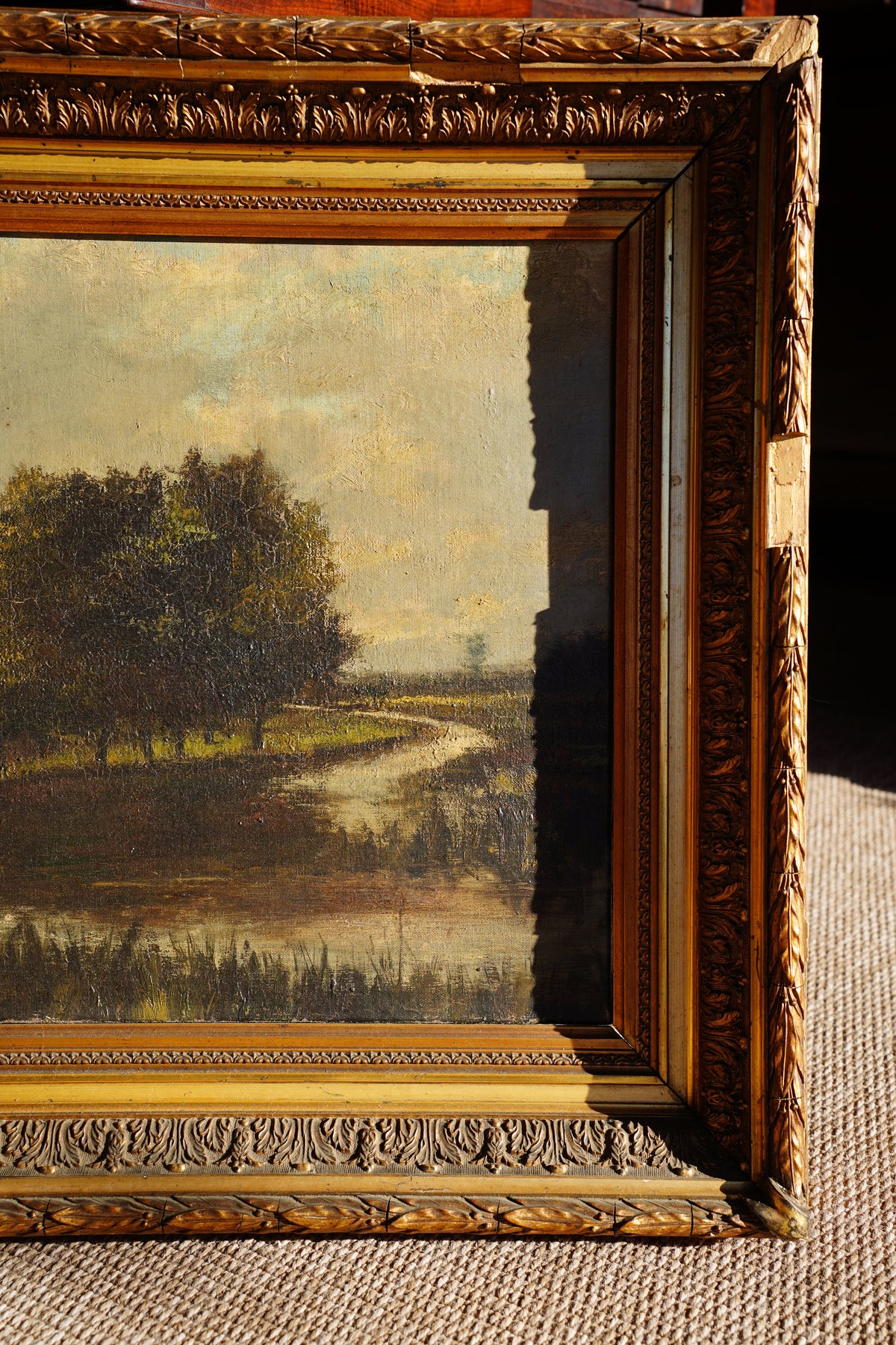 Antique European Moody River Landscape Oil Painting