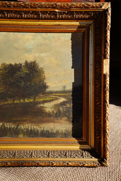 Antique European Moody River Landscape Oil Painting