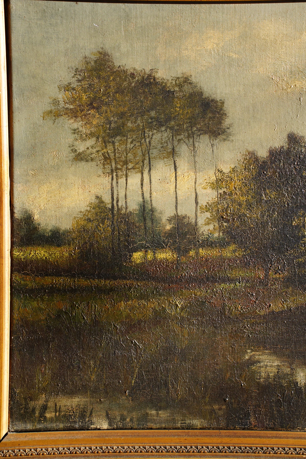 Antique European Moody River Landscape Oil Painting