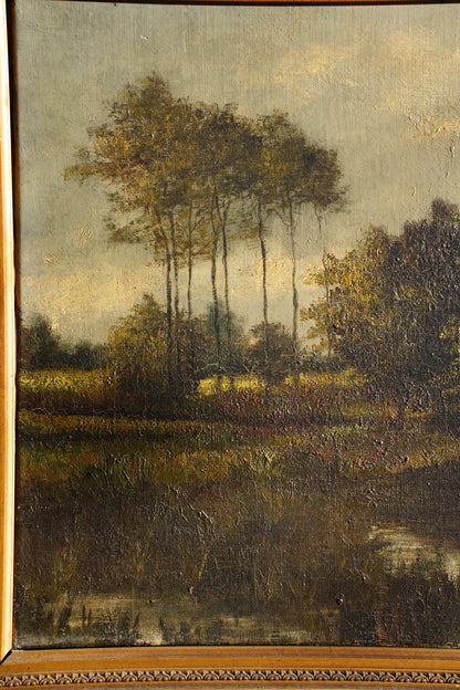 Antique European Moody River Landscape Oil Painting