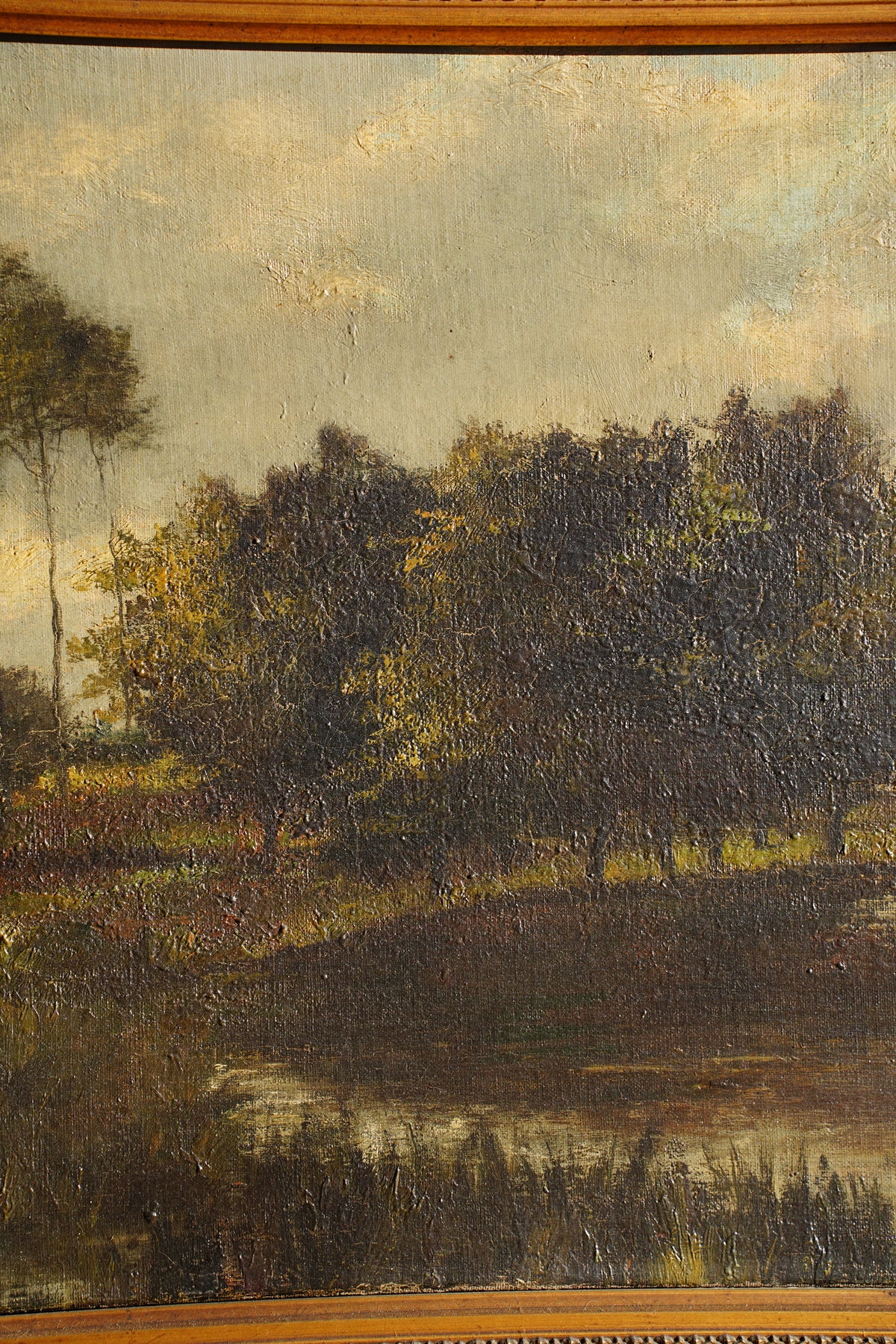 Antique European Moody River Landscape Oil Painting