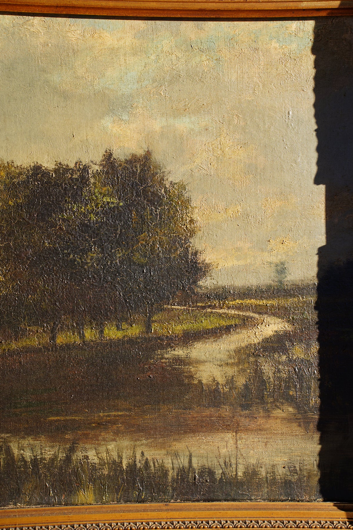 Antique European Moody River Landscape Oil Painting