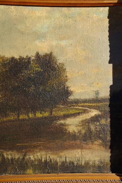 Antique European Moody River Landscape Oil Painting