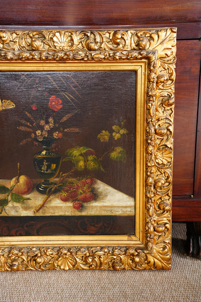 Antique Signed Dutch Still Life Oil Painting, Flowers and Fruit