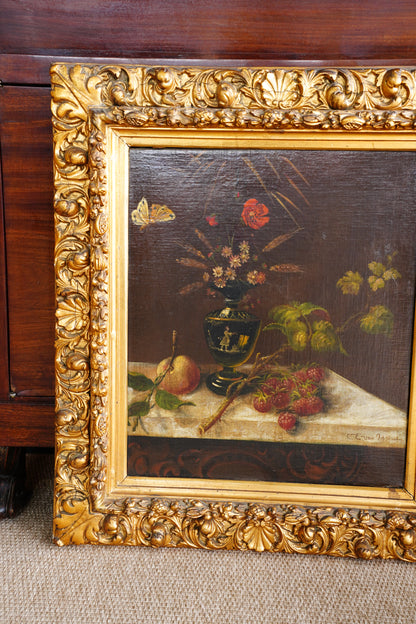 Antique Signed Dutch Still Life Oil Painting, Flowers and Fruit