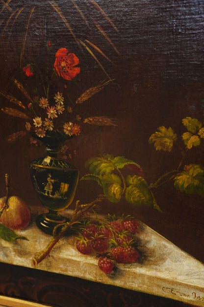 Antique Signed Dutch Still Life Oil Painting, Flowers and Fruit