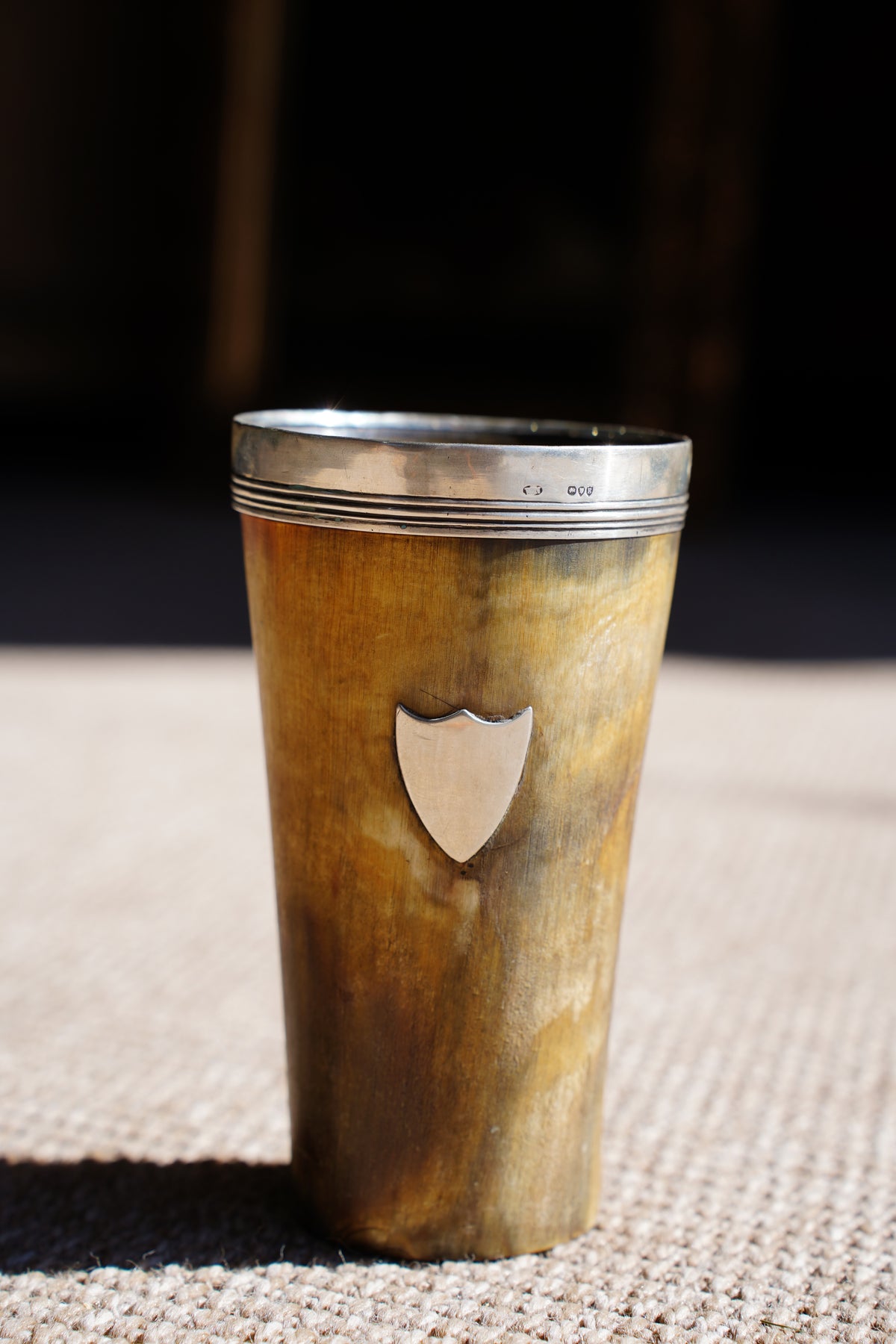 Antique English Horn Cup, Silver Rim and Irish Harp Shield, London 1880