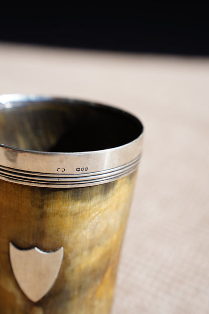 Antique English Horn Cup, Silver Rim and Irish Harp Shield, London 1880
