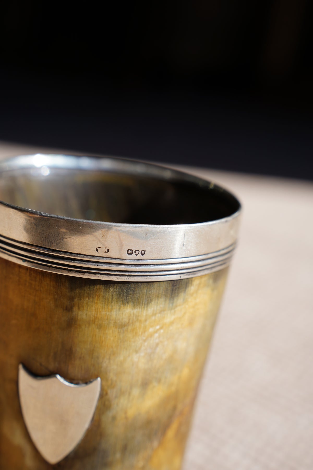 Antique English Horn Cup, Silver Rim and Irish Harp Shield, London 1880