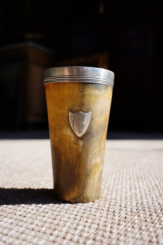 Antique English Horn Cup, Silver Rim and Irish Harp Shield, London 1880