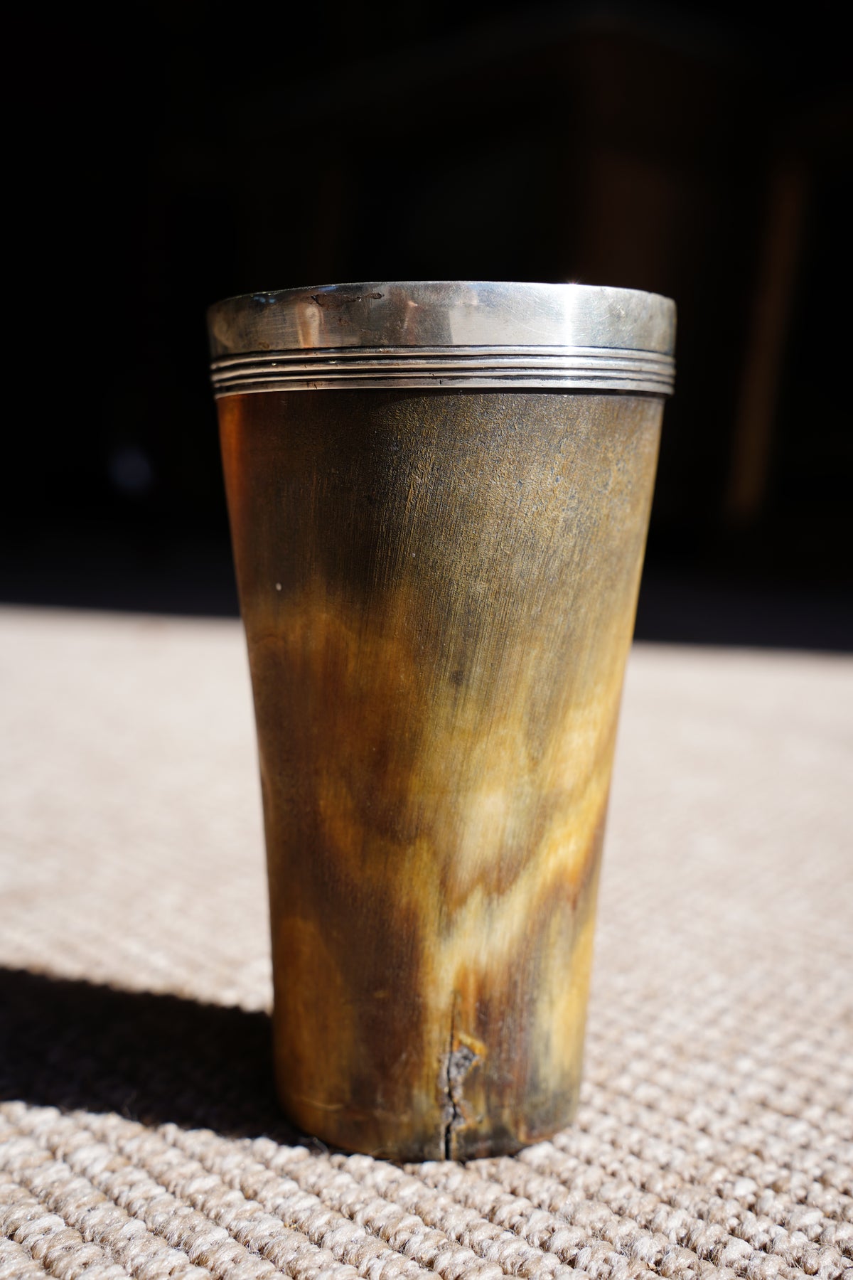 Antique English Horn Cup, Silver Rim and Irish Harp Shield, London 1880