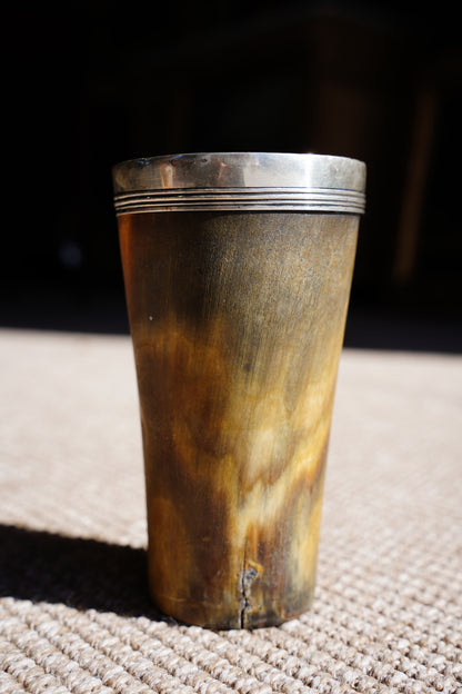 Antique English Horn Cup, Silver Rim and Irish Harp Shield, London 1880