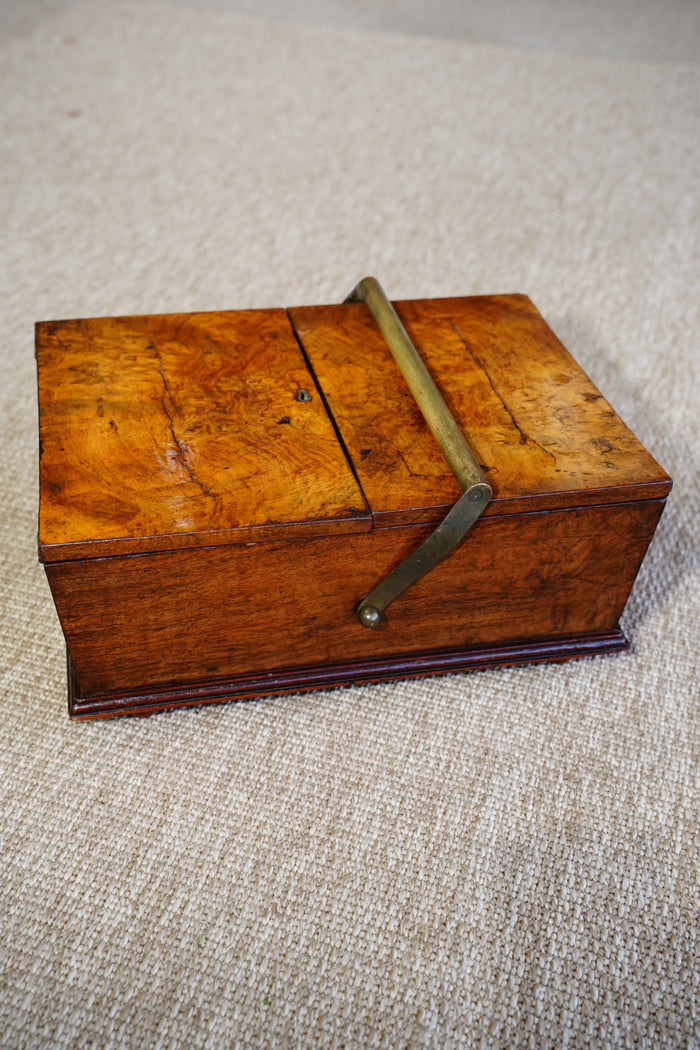 Antique Victorian Burr Walnut Box with Brass Handle, Circa 1860 detail