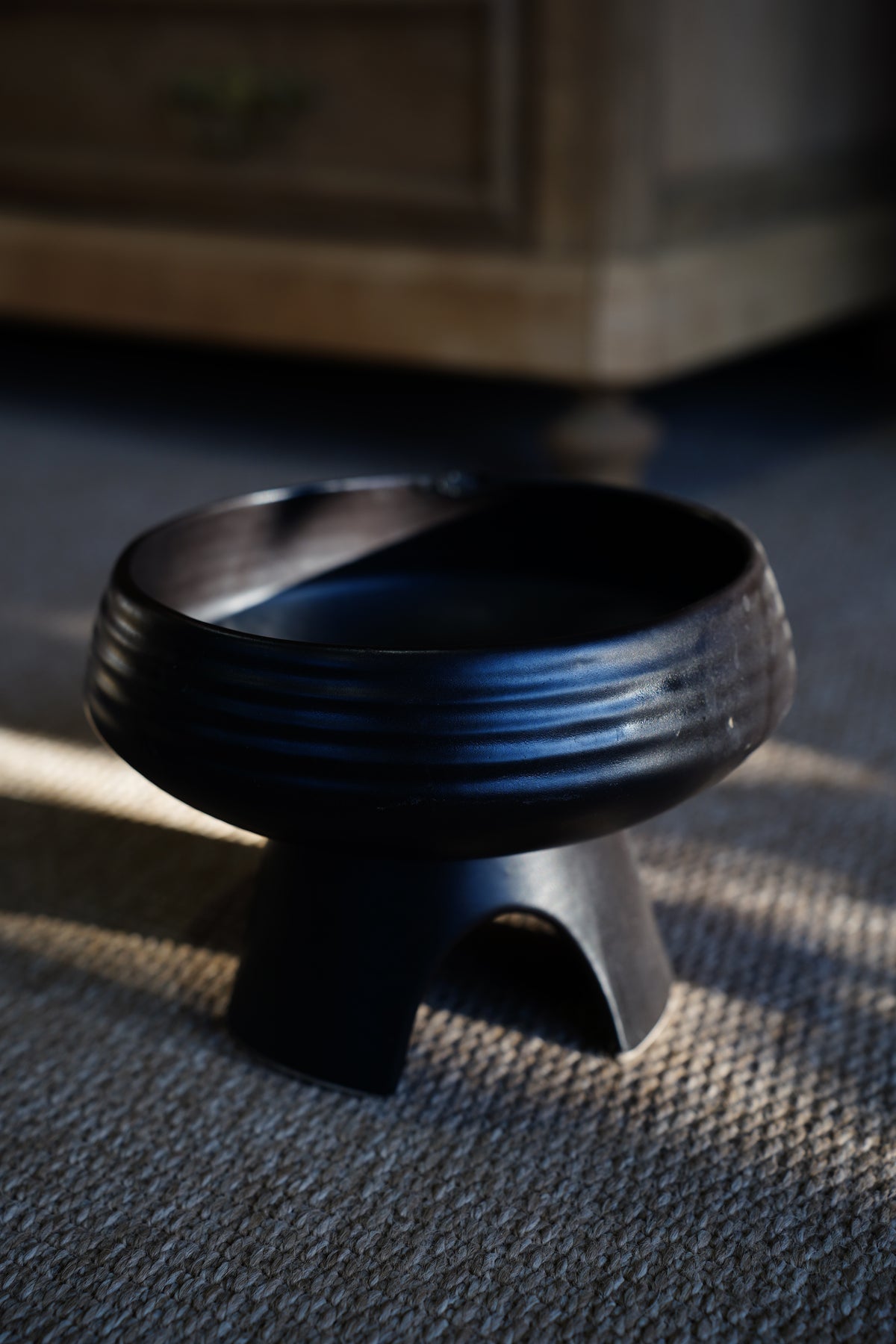 Vintage Mid-Century Matte Black Compote Bowl, Tripod Base
