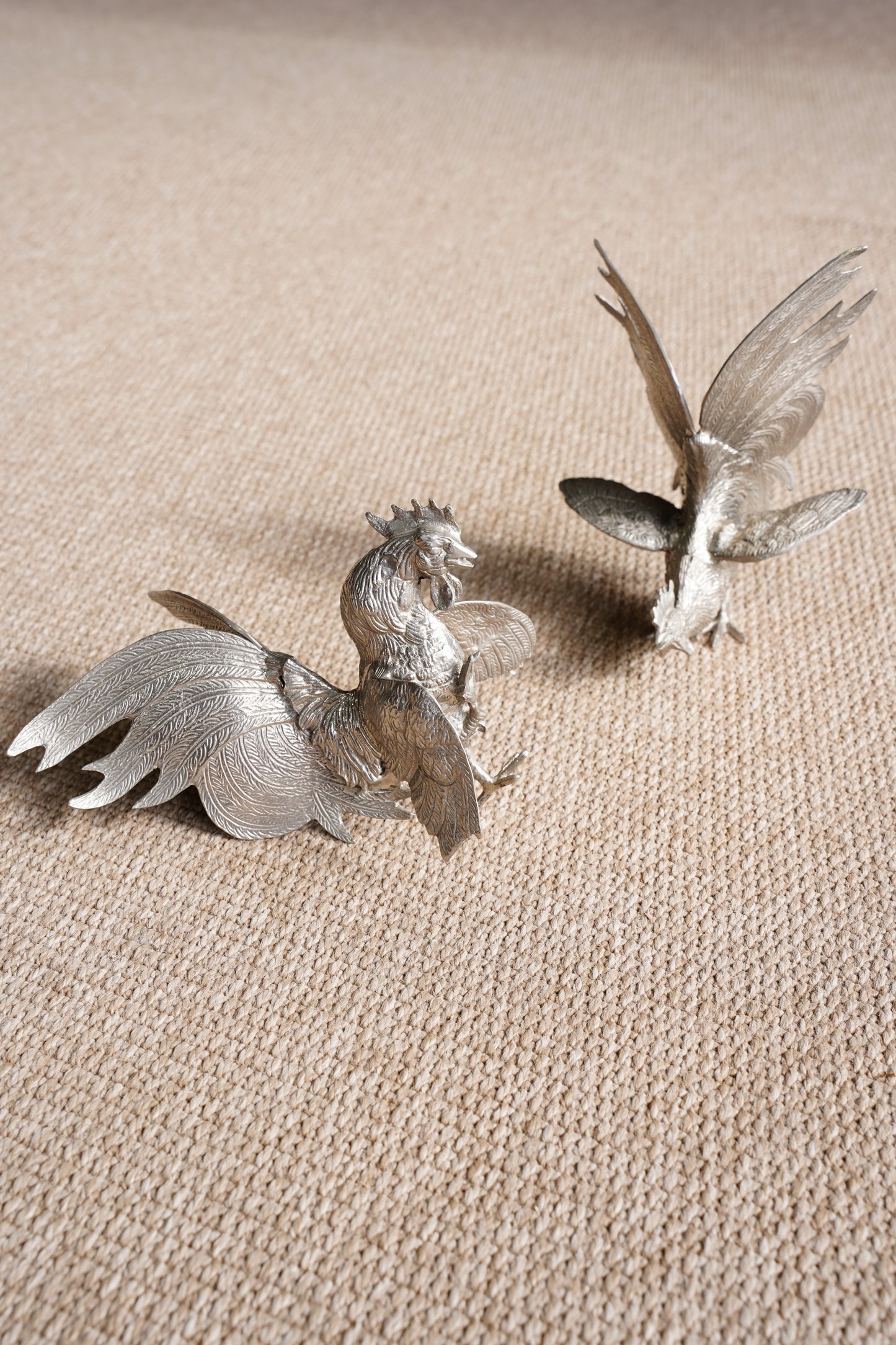 Pair of Vintage Silver Plate Fighting Roosters