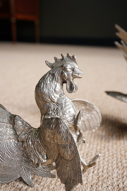 Pair of Vintage Silver Plate Fighting Roosters