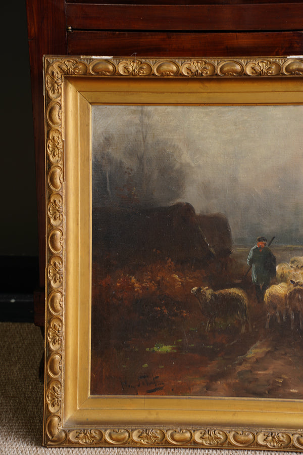 Antique Signed Sheep Oil Painting, Shepherd and Flock secondary view