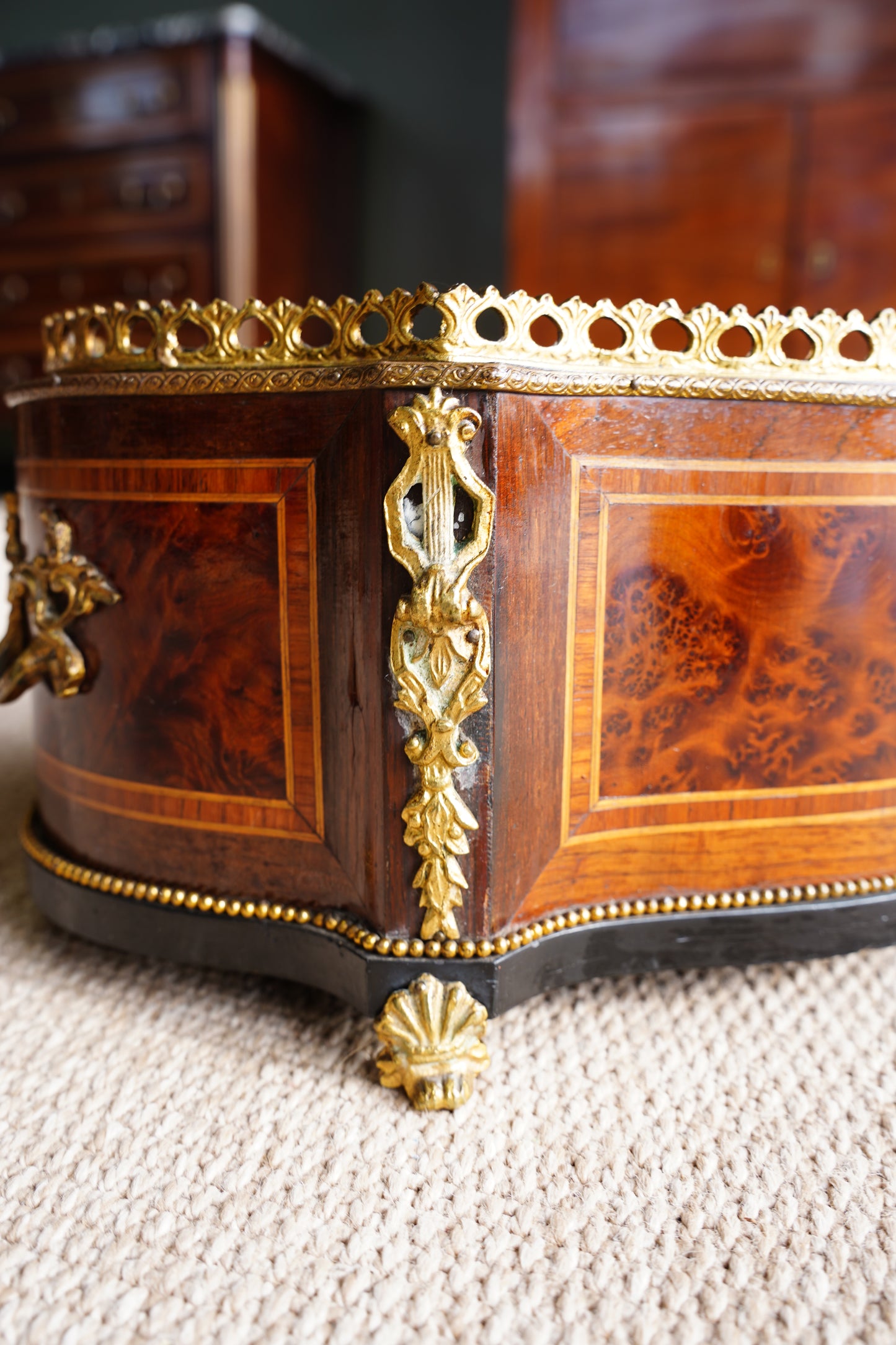 Antique French Louis XV Revival Burl Walnut Jardiniere Planter