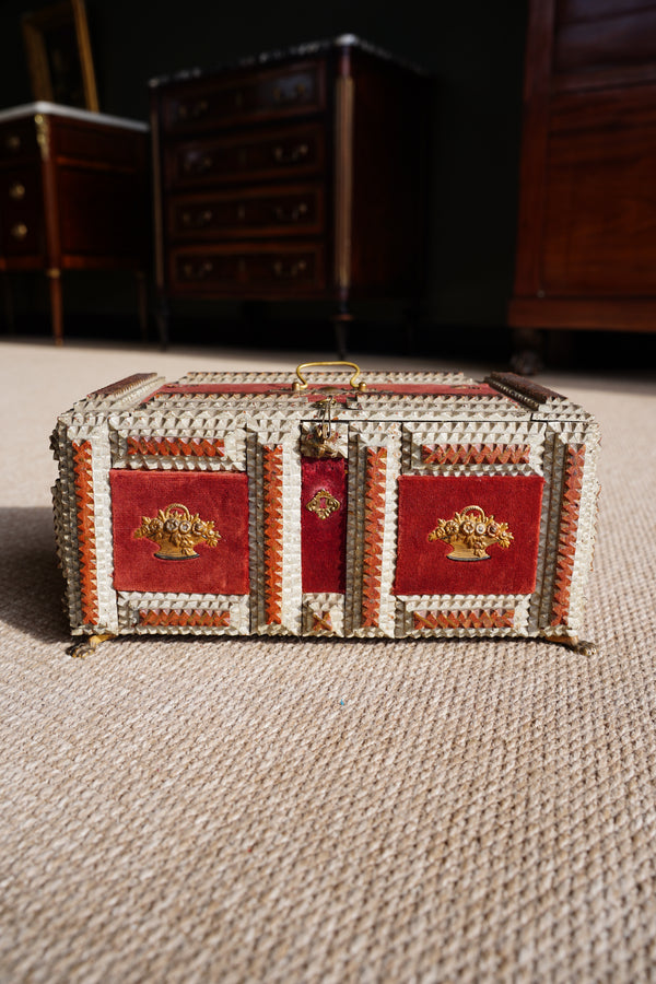 Antique Tramp Art Box, Red Velvet and Gilt Baskets, Circa 1900 secondary view