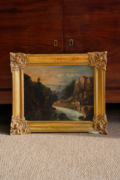 Antique European Oil Painting Mountain Gorge Landscape, Circa 1870